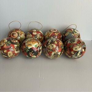 8 Cat Christmas Ball ornaments paper-mâché gloss finish red cream blue